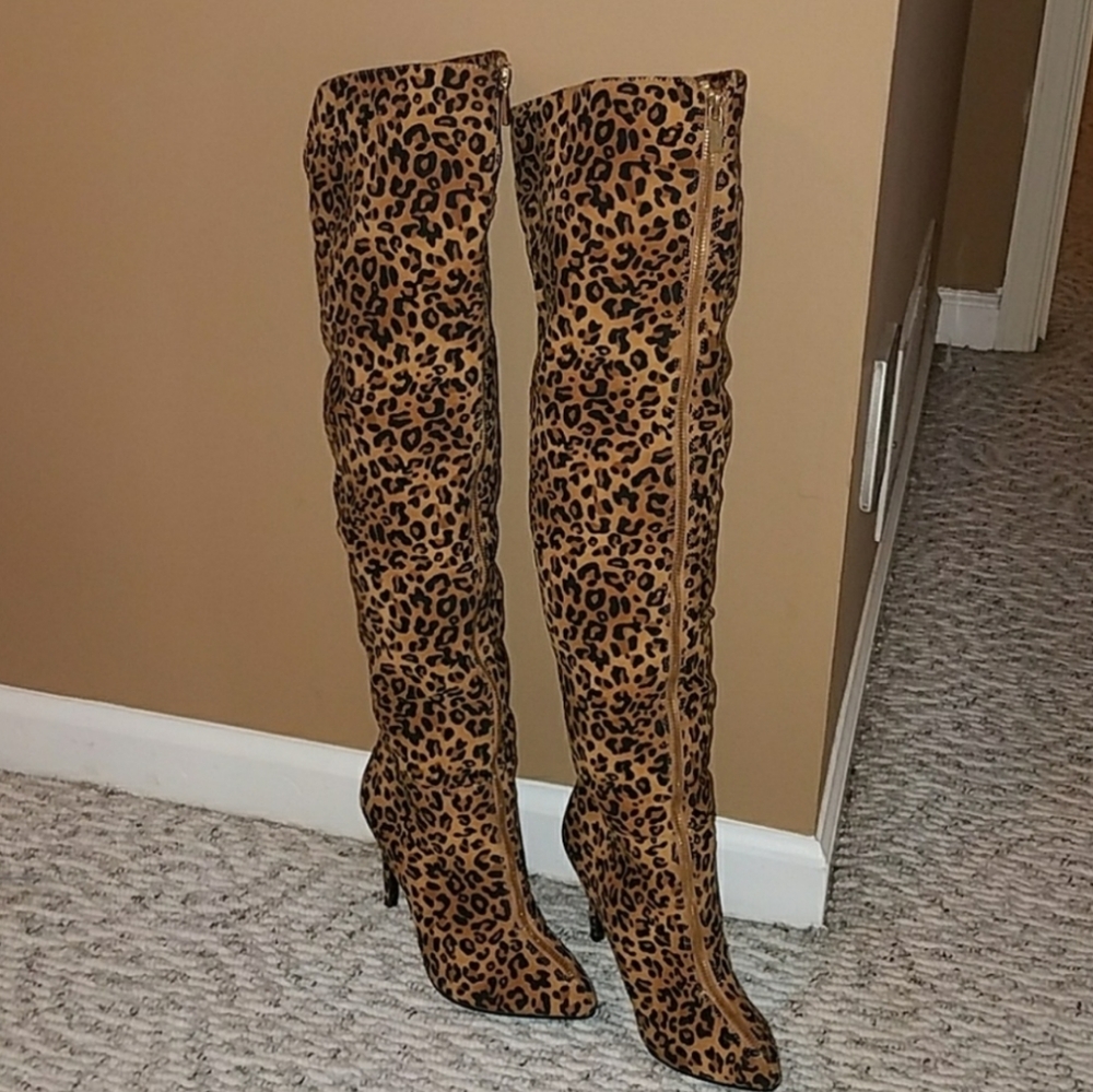 Chinese Laundry Zip Front Cheetah OTK Heeled Boots - Picture 2 of 9